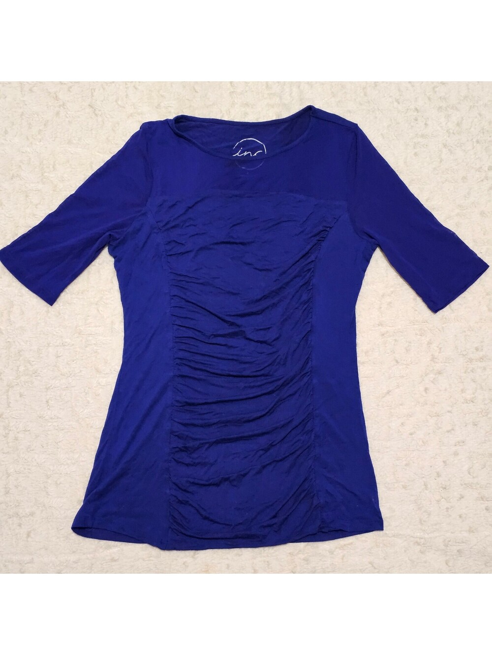 INC International Concepts Blue Ruched Top w/ Sheer Neckline and Sleeves L